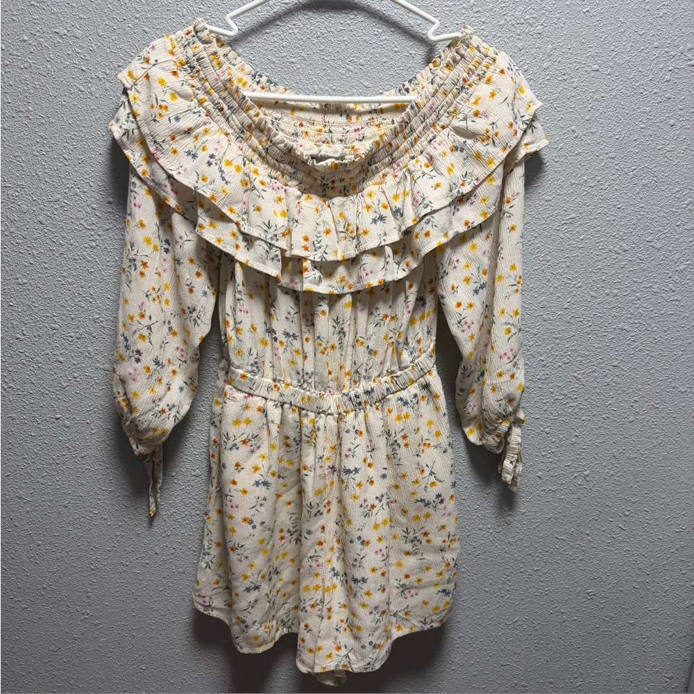 American Eagle Outfitters Floral Ruffle Jumpsuit - Cream and Yellow